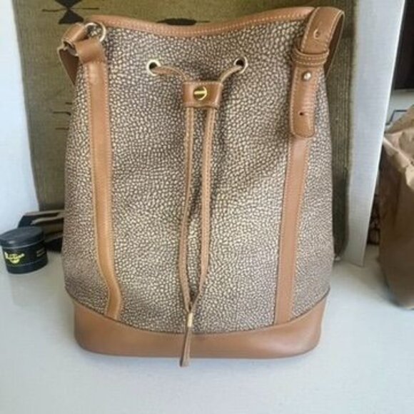 Borbonese Bucket Bag Leather/ Canvas Drawstring w/Pouch Vintage 1980 Italy - Picture 3 of 10